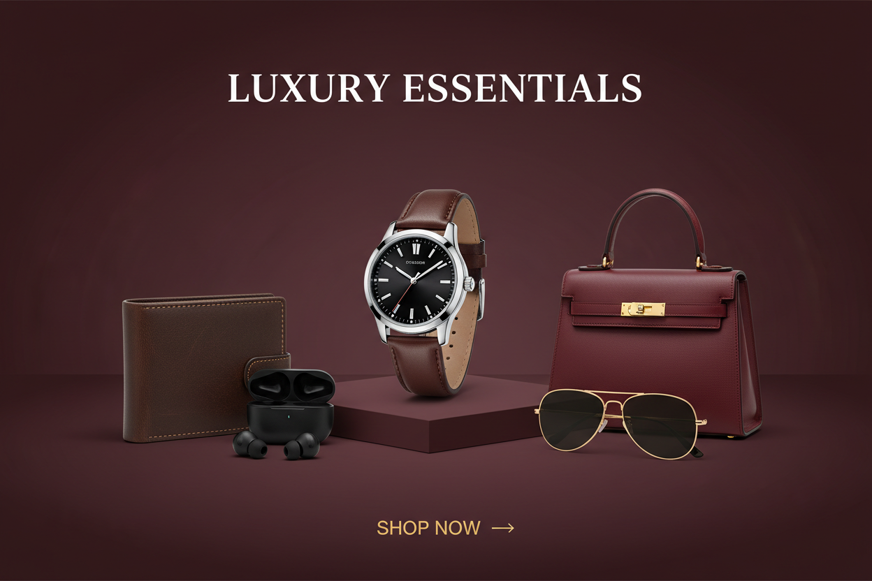 plz create a shoppign banner for my online shopping store in mehroon color with watch and other proudcts 